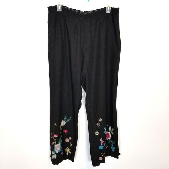 Johnny Was Women Wide Embroidered Linen Maritine Palazzo Pants Sz L Black  Slit - Picture 1 of 12